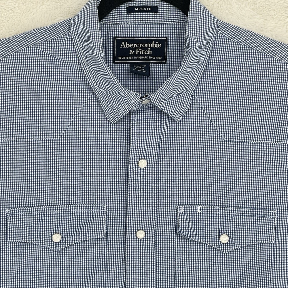 Abercrombie & Fitch Shirt Muscle Fit Pearl Snap Button Down Gingham Blue Check L